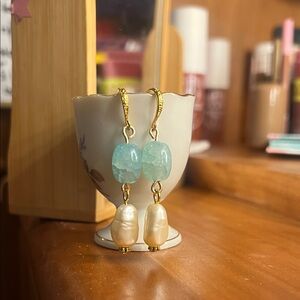 Handmade Gold-Plated Aquamarine & Pearl Drop Earrings